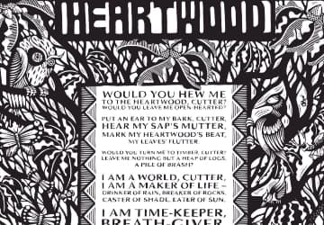 black and white woodcut of Heartwood poem by Robert MacFarlane